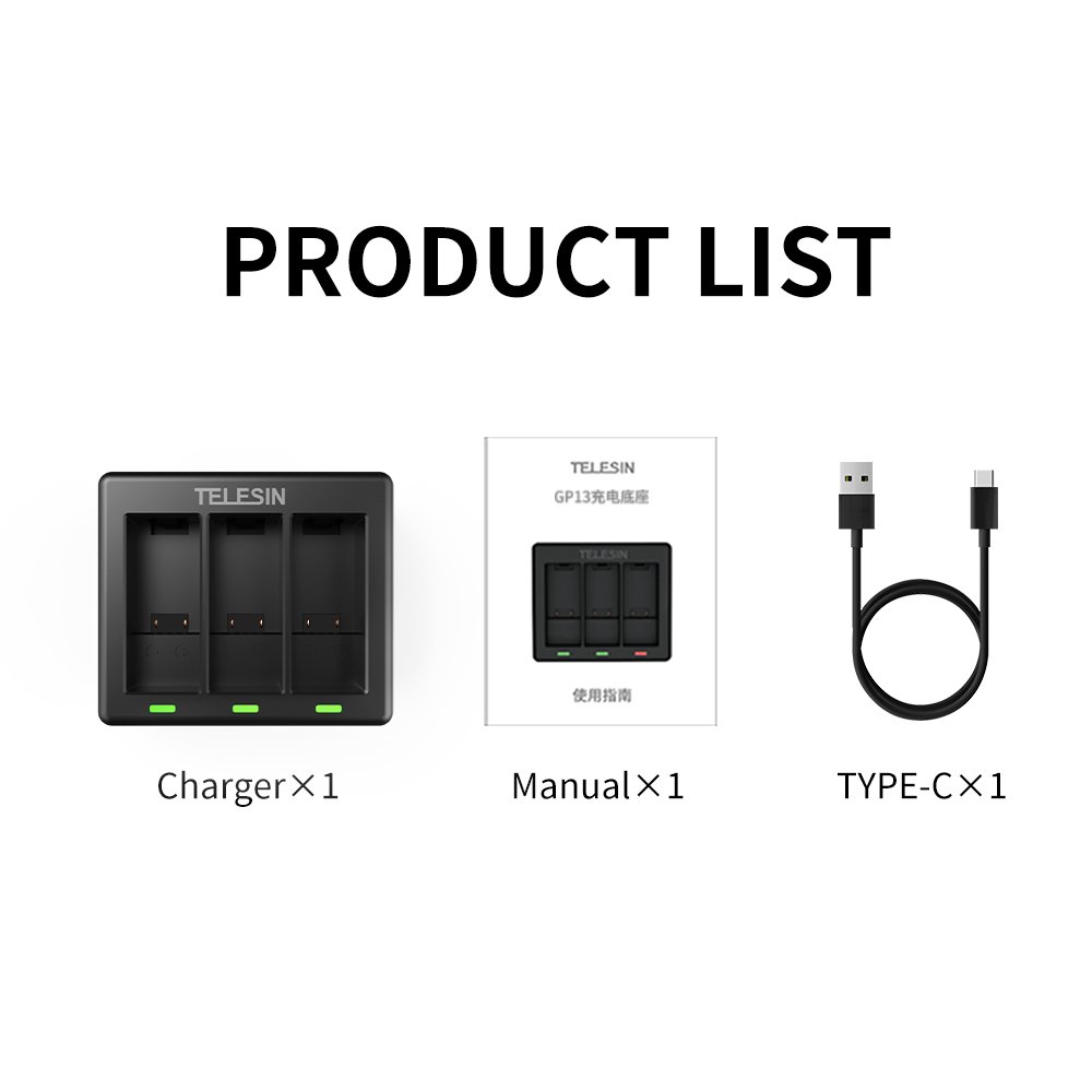 Telesin Battery Charger for Go Pro 13 camera Portable Rechargeable Smart USB Fast 3-slot Action Camera Lithium Battery Charger