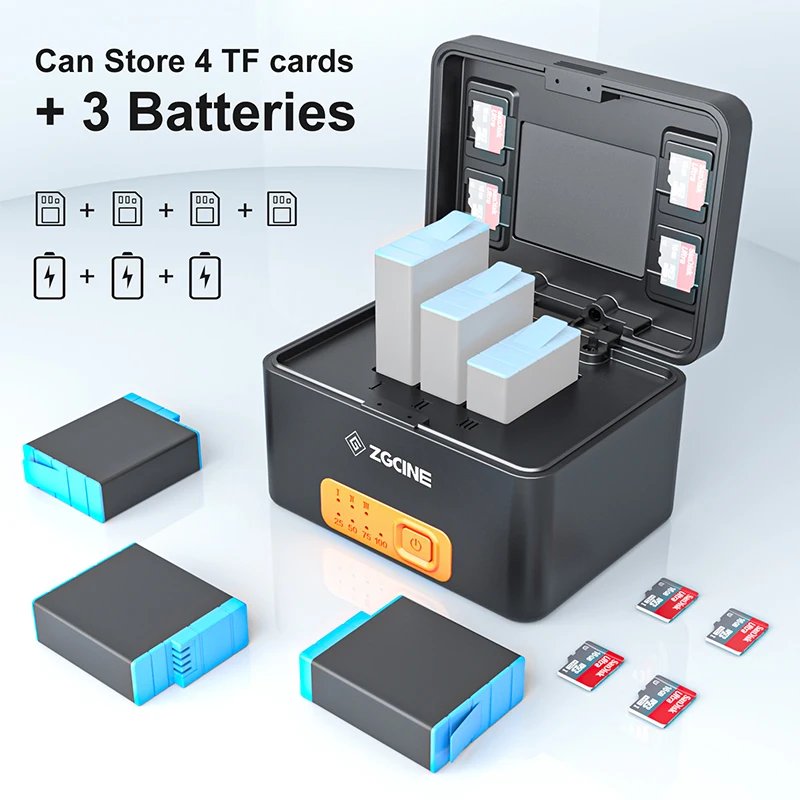 ZGCINE For GoPro 10 9 8 7 6 5 Smart Battery Charger Box 10400mAh Case Power Bank 3 TF Card Reader Storage USB-A C Charging Cable