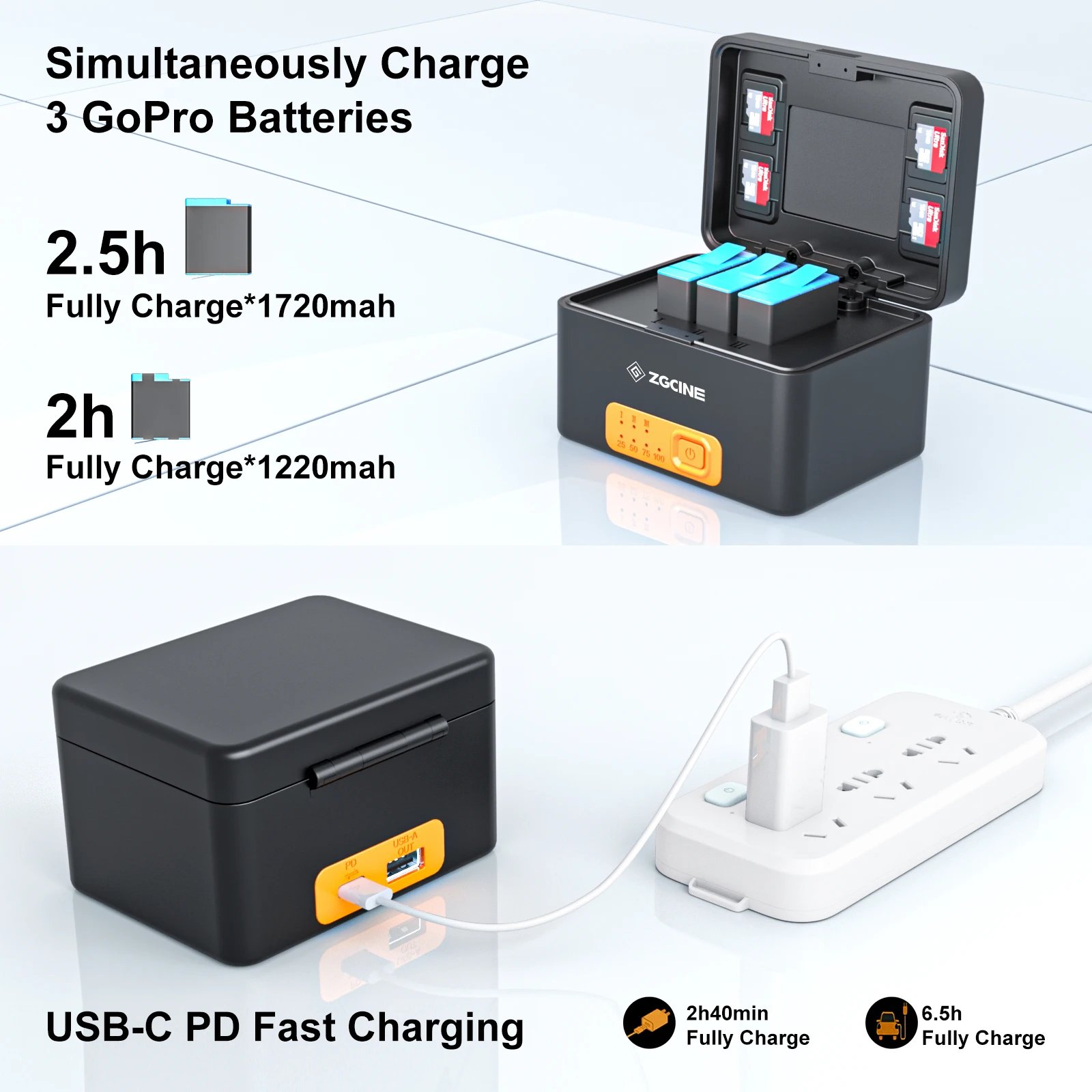 ZGCINE For GoPro 10 9 8 7 6 5 Smart Battery Charger Box 10400mAh Case Power Bank 3 TF Card Reader Storage USB-A C Charging Cable
