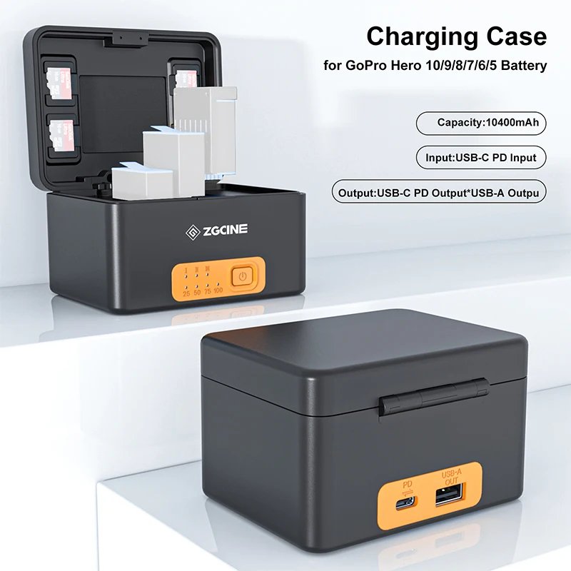 ZGCINE For GoPro 10 9 8 7 6 5 Smart Battery Charger Box 10400mAh Case Power Bank 3 TF Card Reader Storage USB-A C Charging Cable