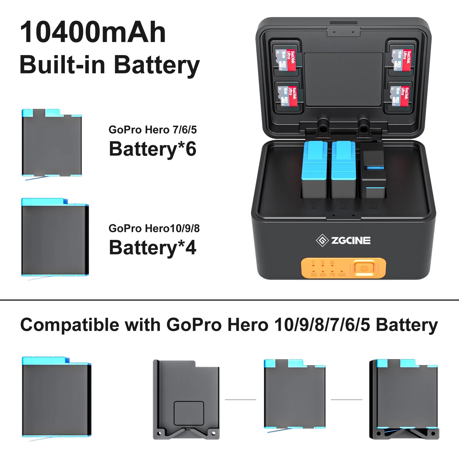 ZGCINE For GoPro 10 9 8 7 6 5 Smart Battery Charger Box 10400mAh Case Power Bank 3 TF Card Reader Storage USB-A C Charging Cable