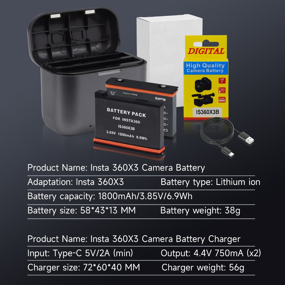 YEAH Quick Portable 2 Channel Charger Storage Station Insta360 x3 Dual Battery Charger Hub for Insta 360 X3