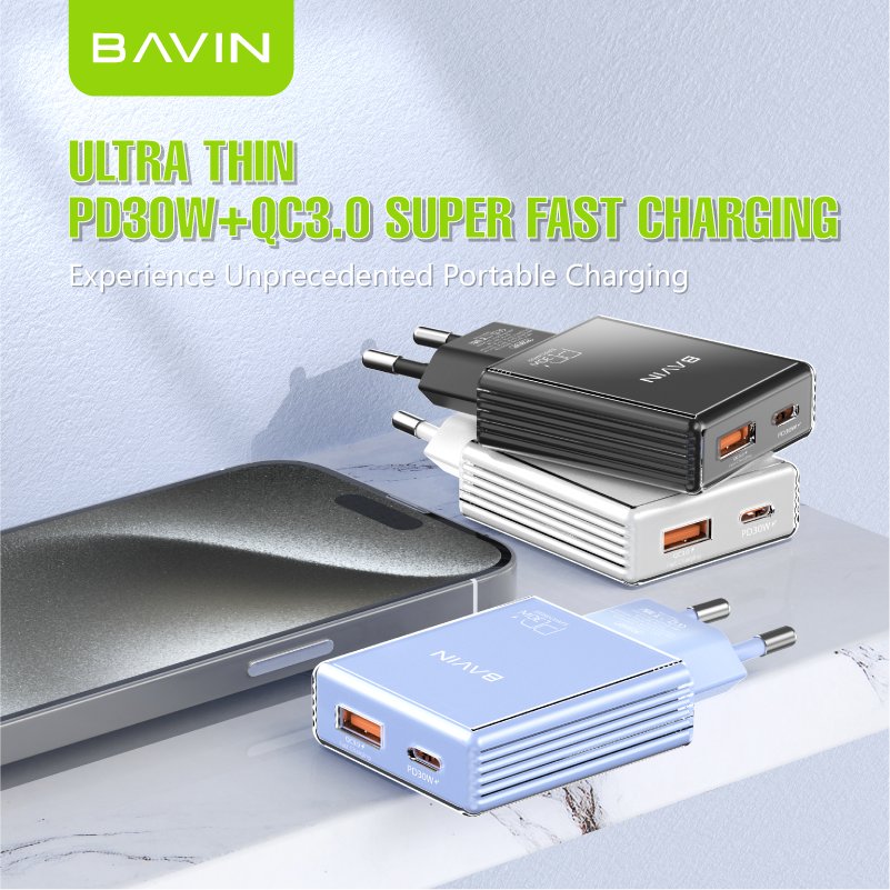 BAVIN wholesale custom PC2016Y qc3.0 pd 30w usb c wall mobile cell phone fast charging charger