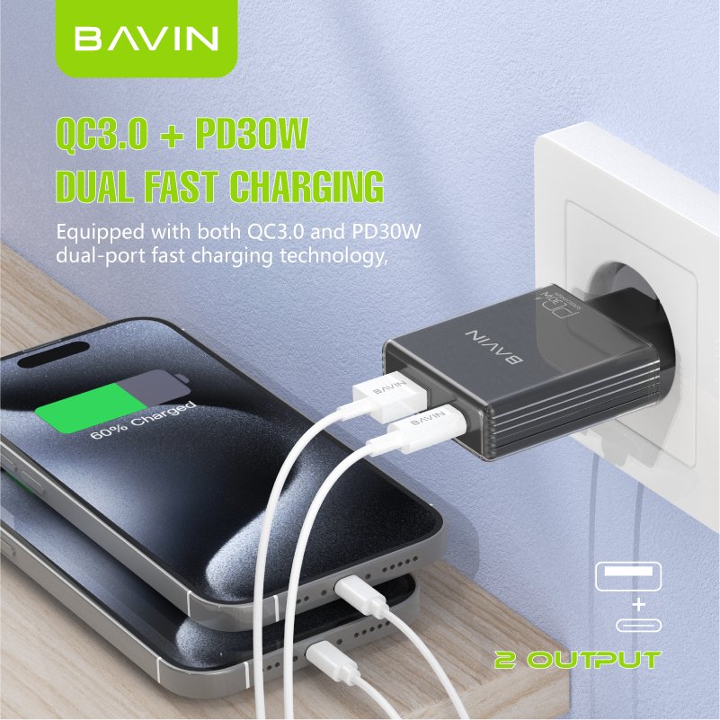 BAVIN wholesale custom PC2016Y qc3.0 pd 30w usb c wall mobile cell phone fast charging charger
