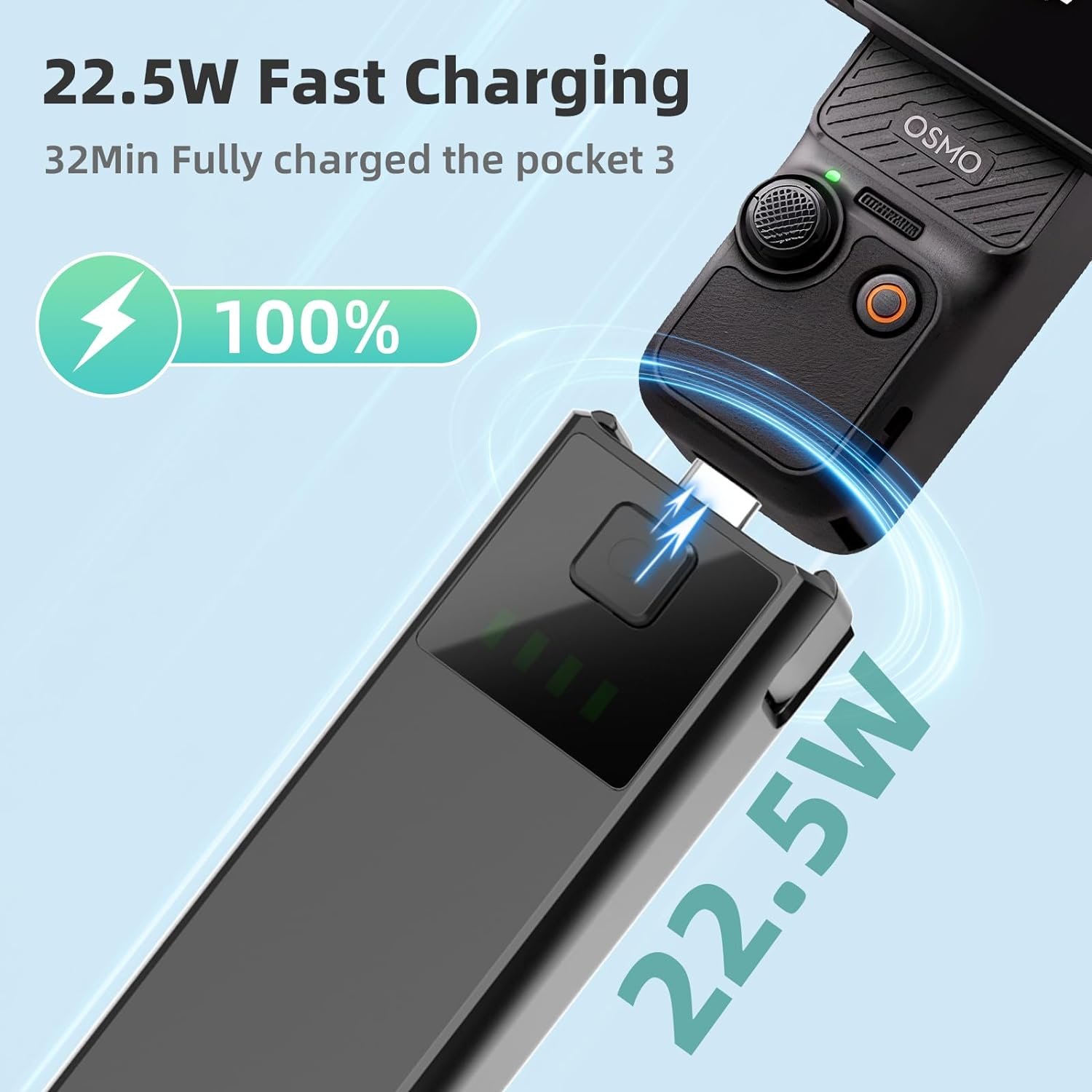 Portable osmo Pocket 3 Battery Handle Built-in 5000mAh Battery,22.5W Fast Charge Battery Handle Compatible pocket 3 accessories