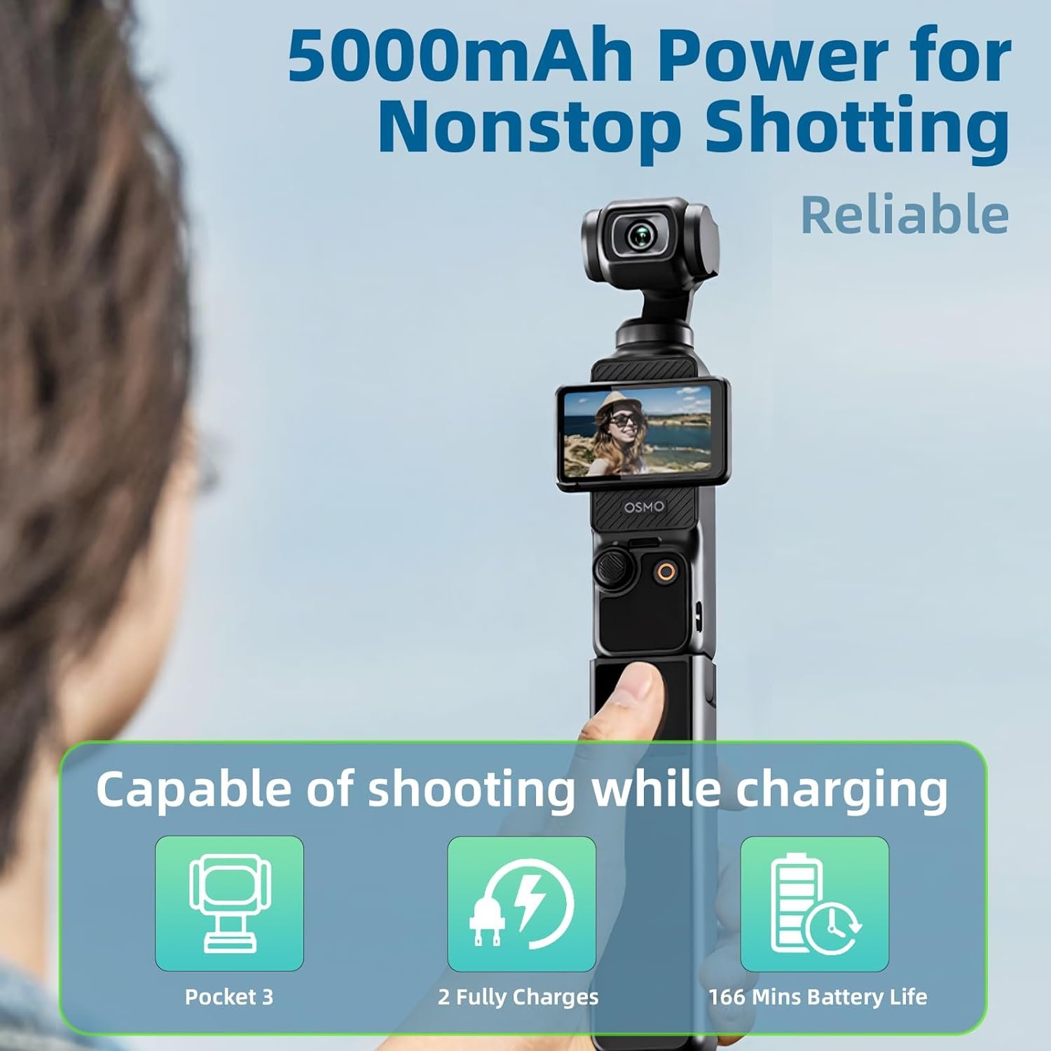 Portable osmo Pocket 3 Battery Handle Built-in 5000mAh Battery,22.5W Fast Charge Battery Handle Compatible pocket 3 accessories
