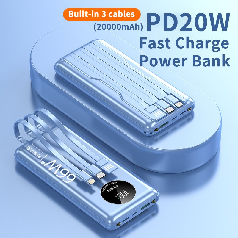 Fast Charging Built in Cable Power Banks Portable Charging High Capacity Digital Display 20000mAh Powerbank for Mobile Phone