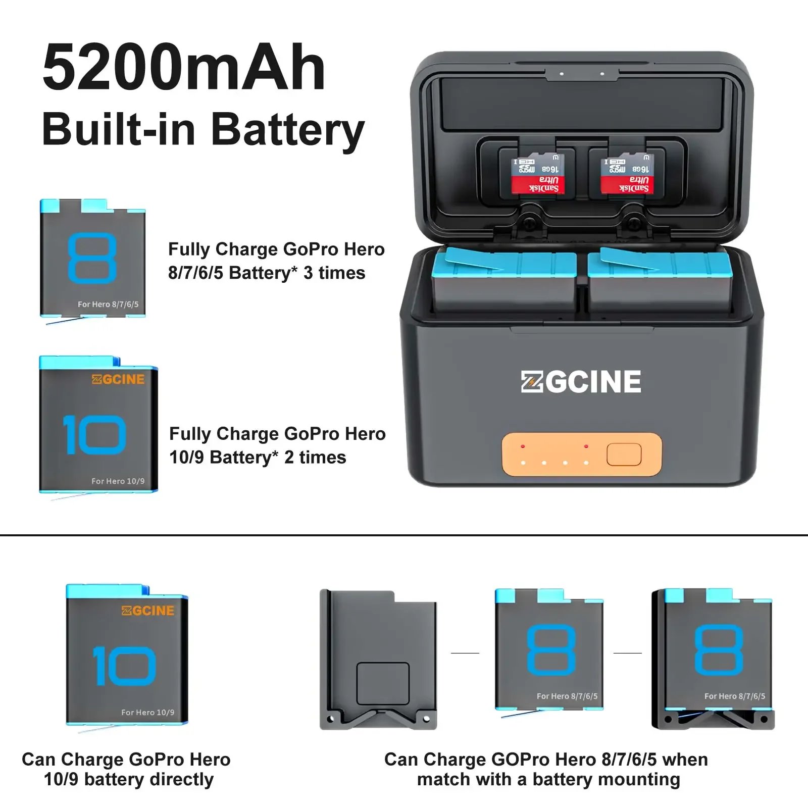ZGCINE PS-G10 Mini Battery Charging Box Battery Kit For GoPro Hero 11 10 9 8 7 6 5 5200mAh Smart Storage Case Power Bank TF Card