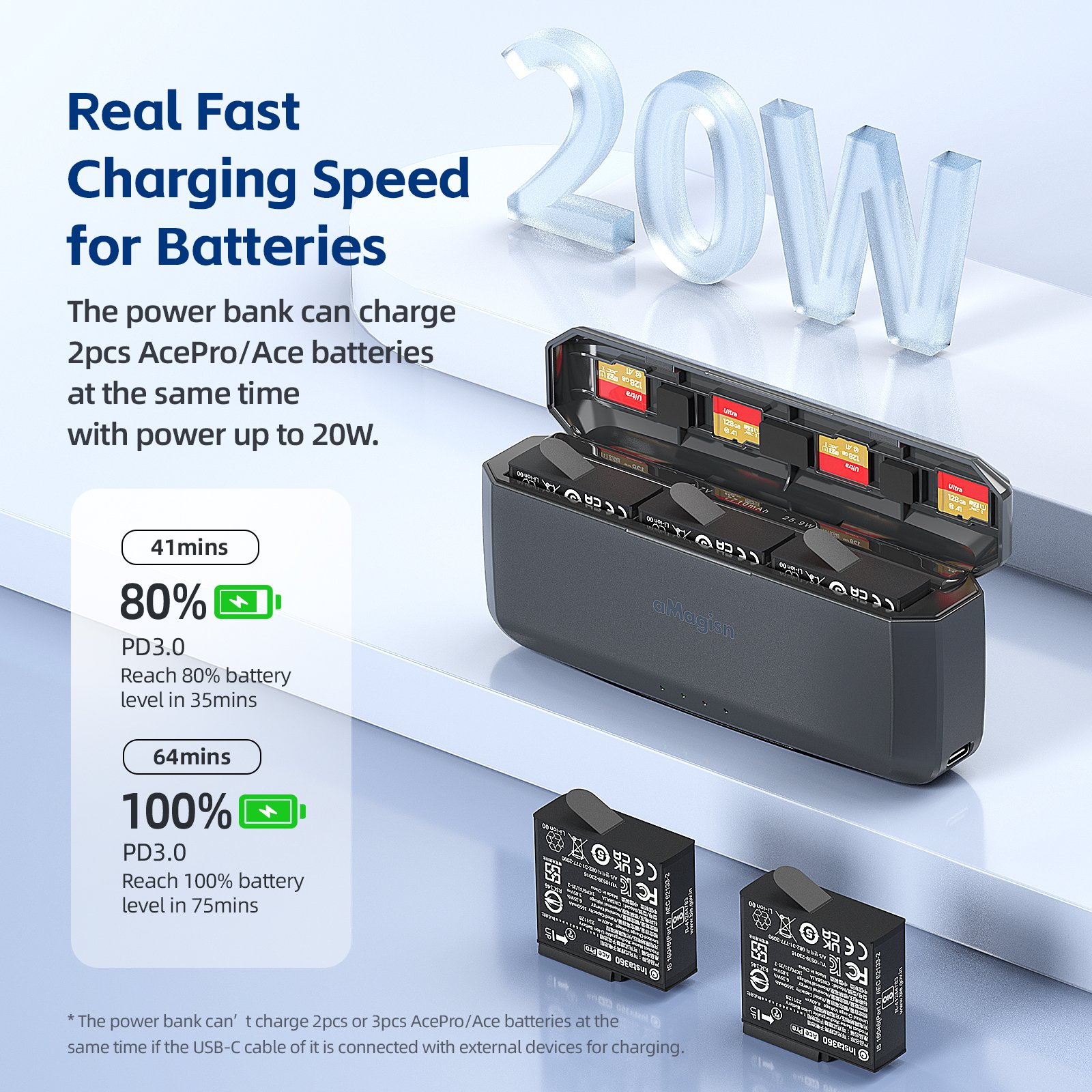 aMagisn Fast Charging Power Bank for Insta360 AcePro/Ace Battery Charge Box Accessories for Camera & Smart Phone with 7710mAh