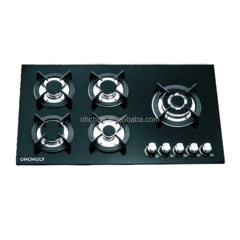New Design Kitchen Appliance lpg or ng 8mm Thickness Tempered Glass 5 Burner Gas With Safety Optional