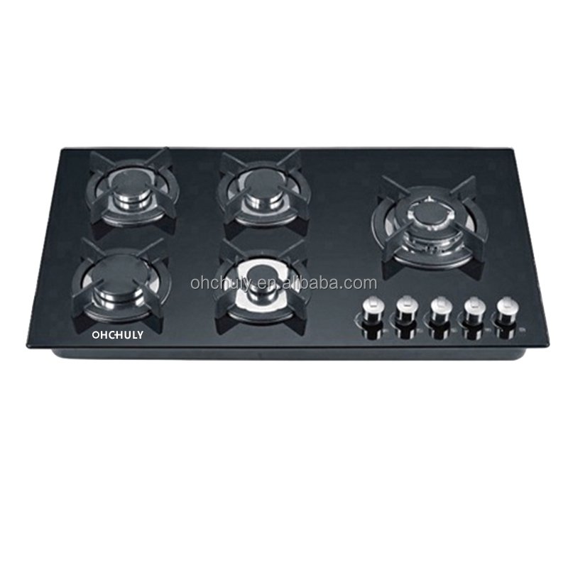 New Design Kitchen Appliance lpg or ng 8mm Thickness Tempered Glass 5 Burner Gas With Safety Optional