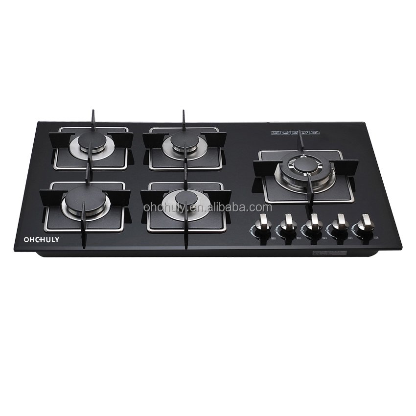 New Design Kitchen Appliance lpg or ng 8mm Thickness Tempered Glass 5 Burner Gas With Safety Optional
