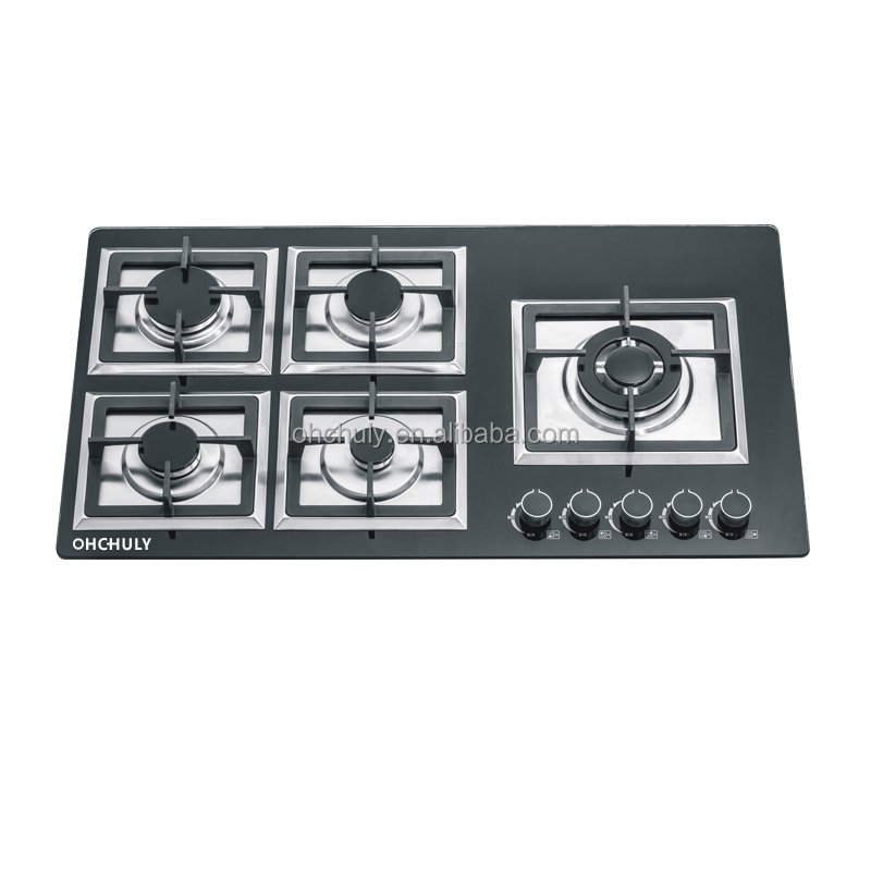 New Design Kitchen Appliance lpg or ng 8mm Thickness Tempered Glass 5 Burner Gas With Safety Optional