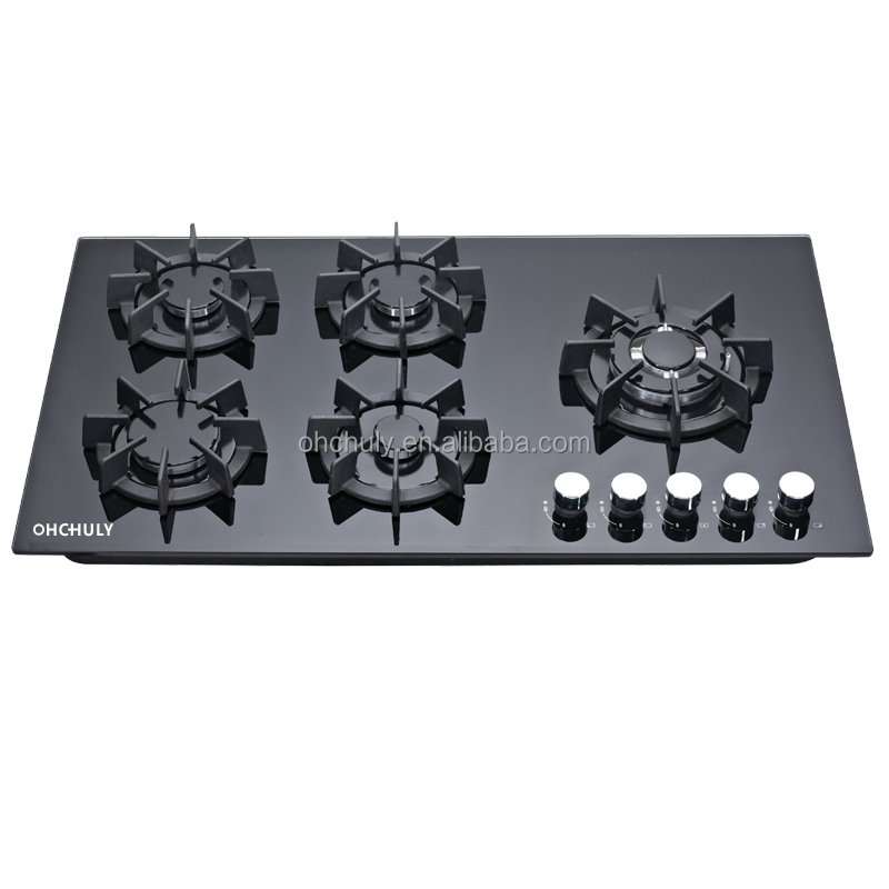 New Design Kitchen Appliance lpg or ng 8mm Thickness Tempered Glass 5 Burner Gas With Safety Optional