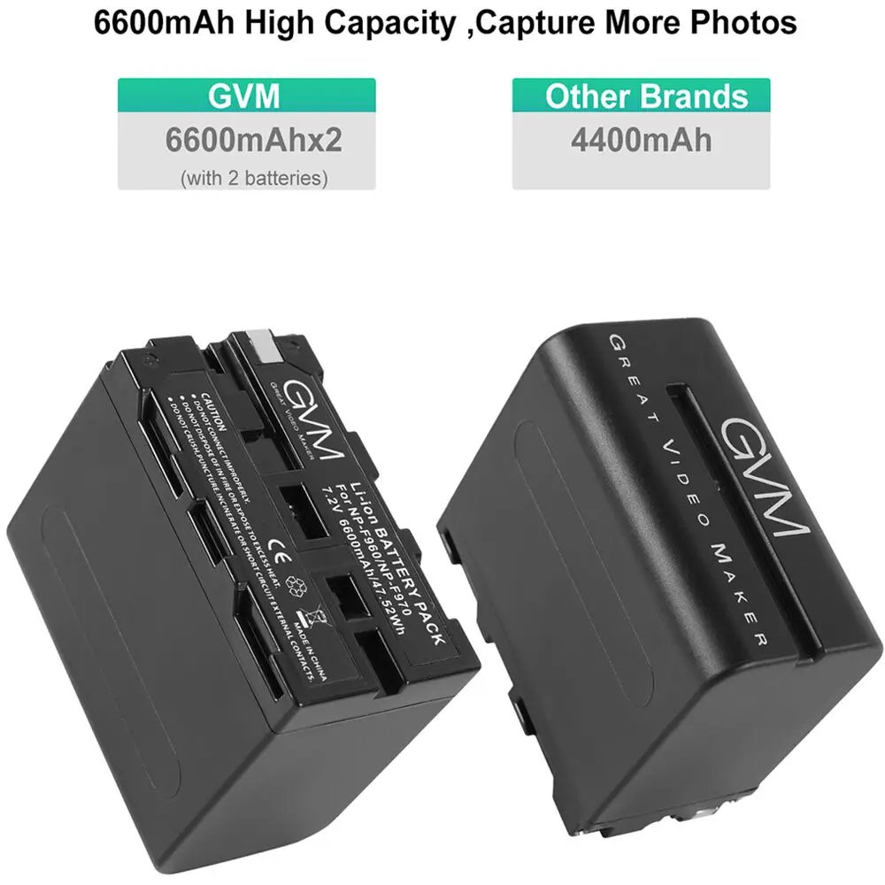 GVM Official VM-F970 2xF970 6600mAh Batteries with Dual Charger and V-Mount Adapter