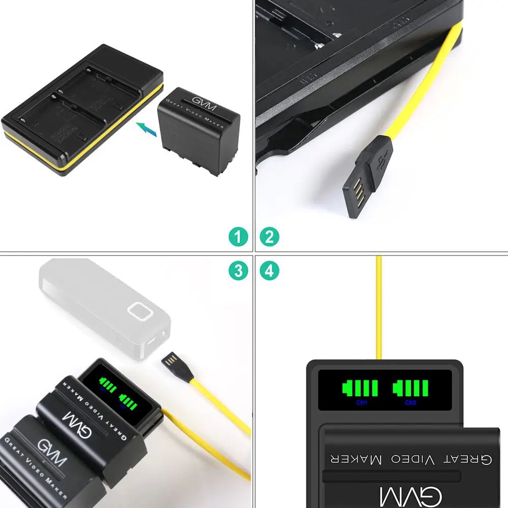 GVM Official VM-F970 2xF970 6600mAh Batteries with Dual Charger and V-Mount Adapter