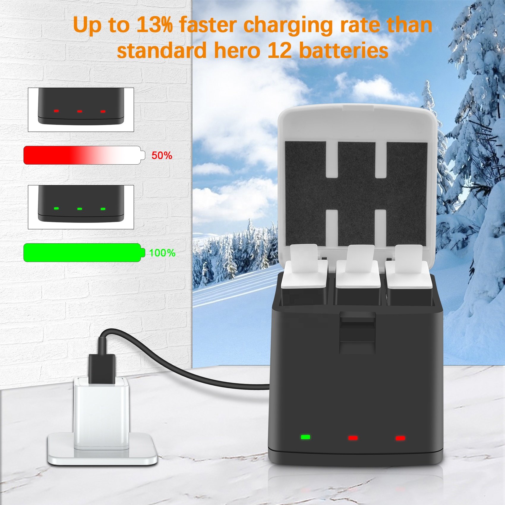 JHTC For Go pro 12 Endurance Battery Charger 1800mah Compatible with Gopro Hero 12 11 10 9 Batteries Accessories