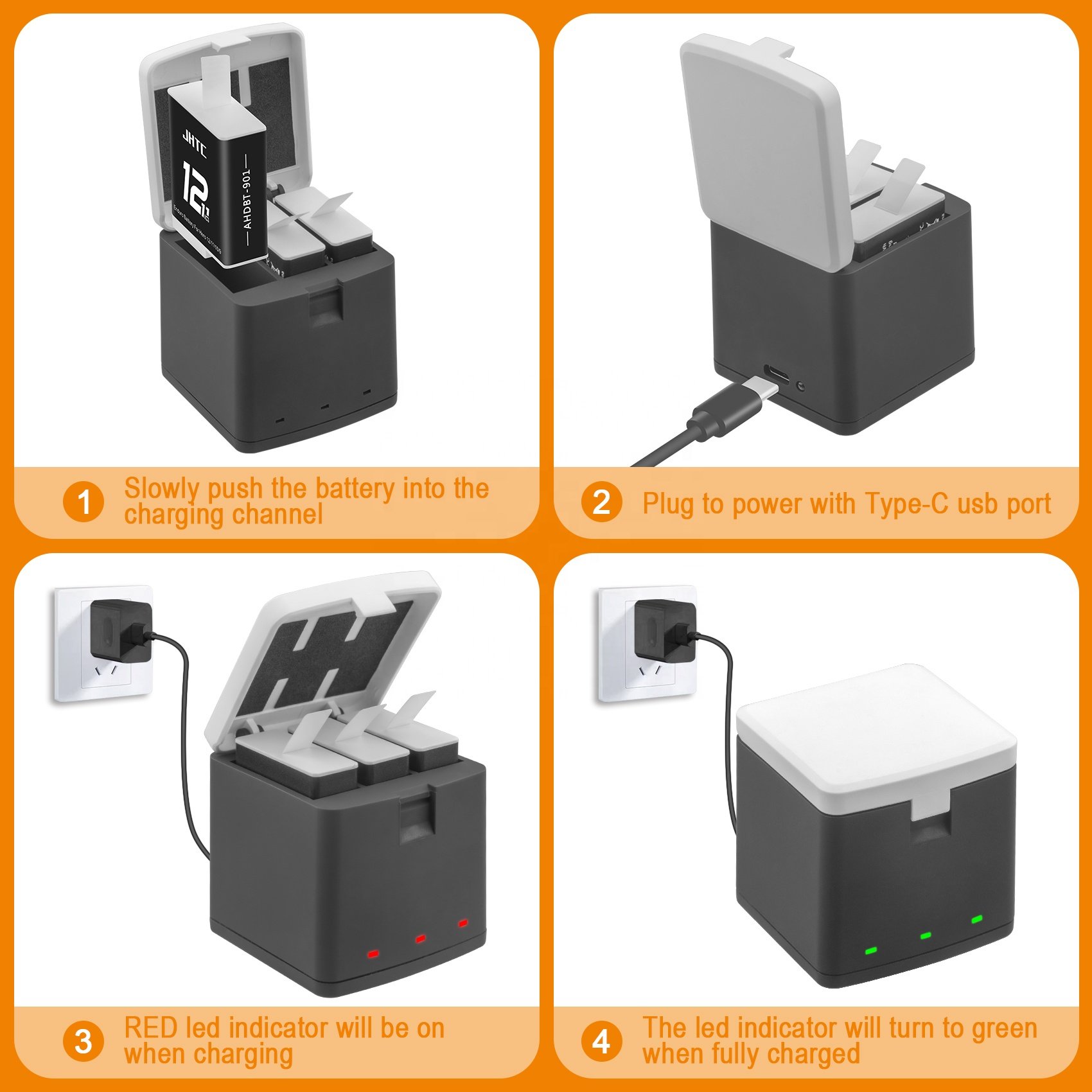 JHTC For Go pro 12 Endurance Battery Charger 1800mah Compatible with Gopro Hero 12 11 10 9 Batteries Accessories