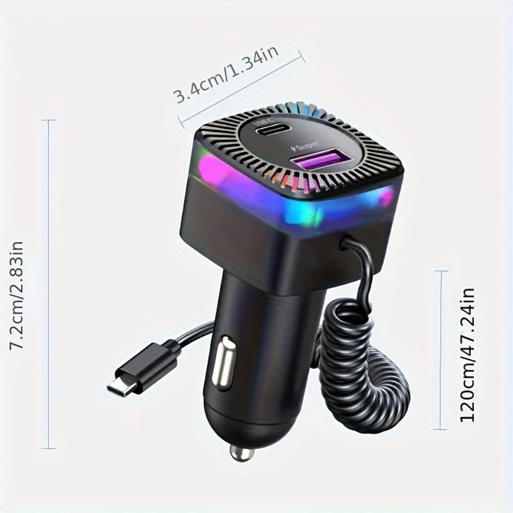 Best Selling 2024 High Quality Quick Car Charge Dual 2 Port with retractable RGB New Type C Charge Cable Universal Car Charger