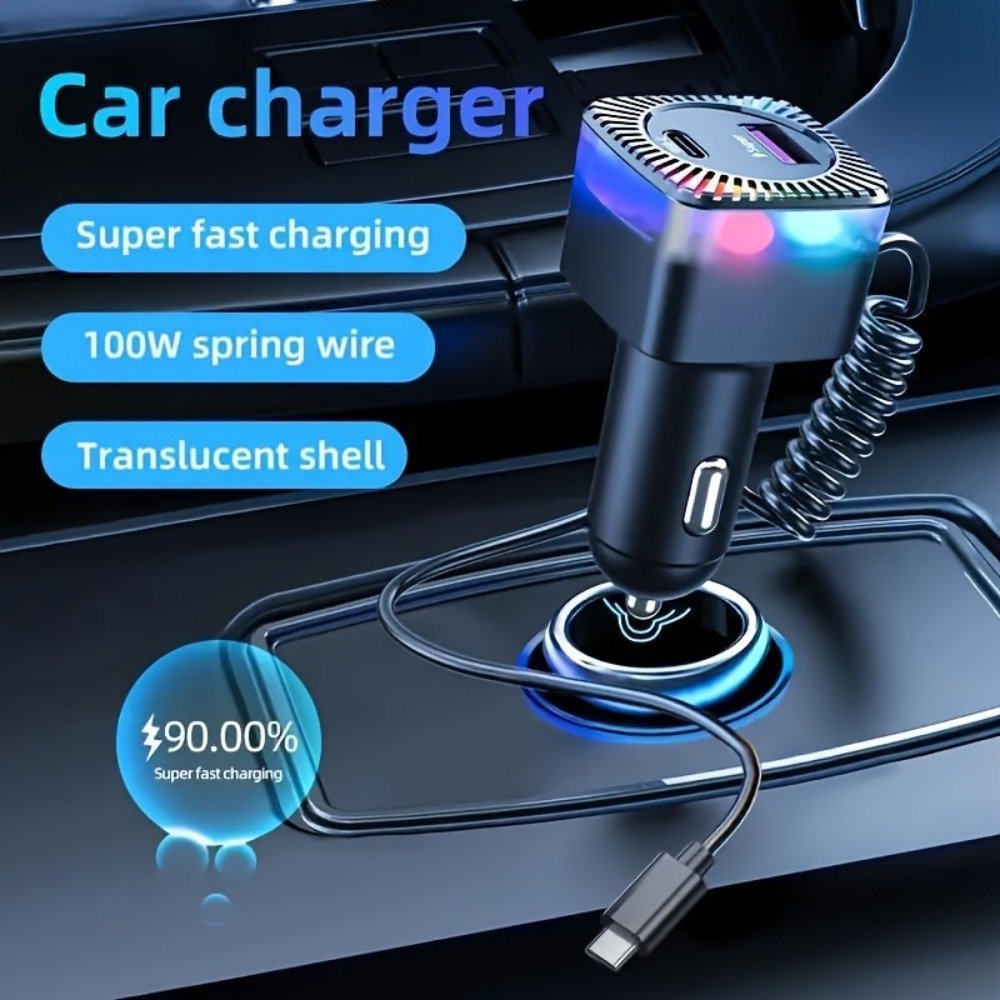 Best Selling 2024 High Quality Quick Car Charge Dual 2 Port with retractable RGB New Type C Charge Cable Universal Car Charger