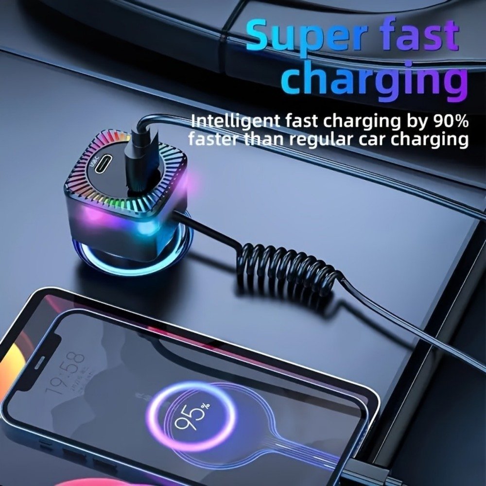 Best Selling 2024 High Quality Quick Car Charge Dual 2 Port with retractable RGB New Type C Charge Cable Universal Car Charger