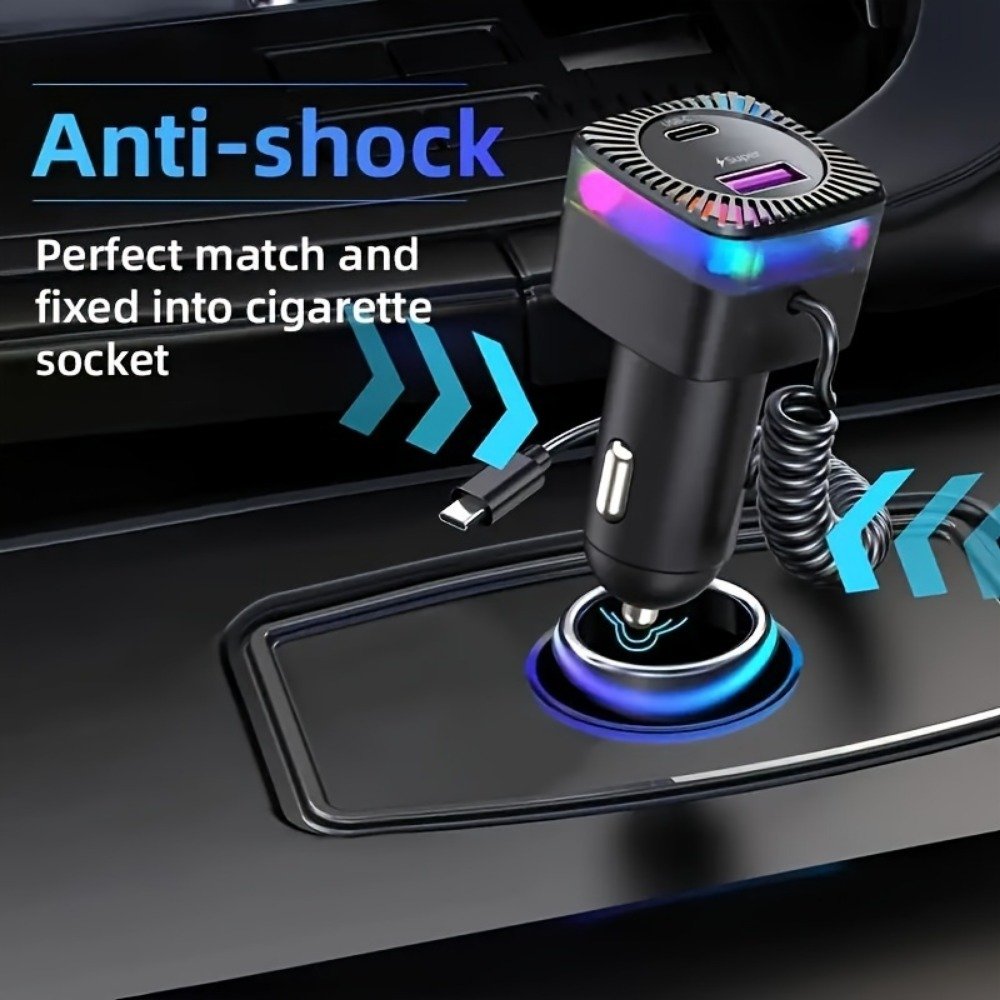 Best Selling 2024 High Quality Quick Car Charge Dual 2 Port with retractable RGB New Type C Charge Cable Universal Car Charger