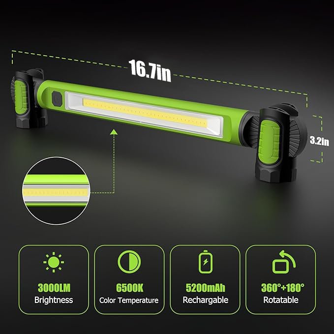 Magnetic 3000LM Work Light 5200mah Rechargeable LED Work Lamp Bar Hooks Green LED Torch Light DC 5V Underhood working light