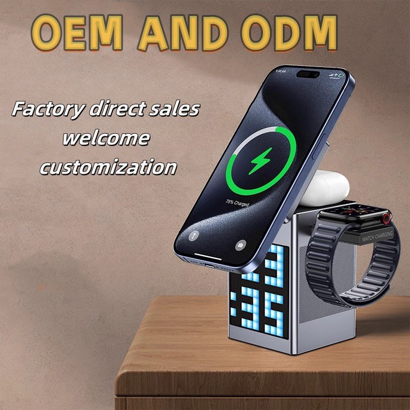 2024 Global Hot Sale 15W Qi 6 in 1 Fast Charger Desktop Pixel Alarm Clock Wireless Speaker Charging Station lithium battery