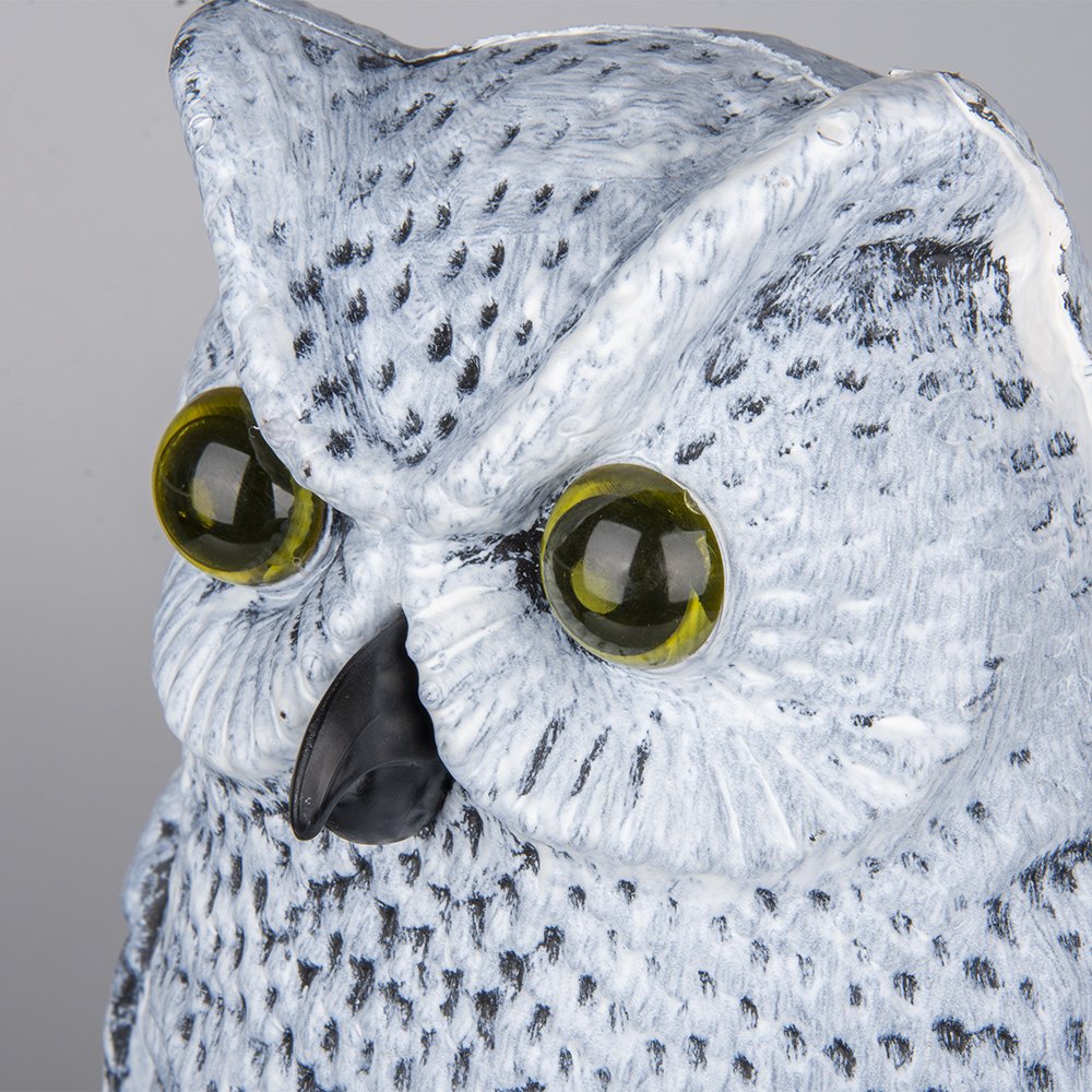 Realistic owl scarecrow with flashing eyes and frightening sound motion activated frightens birds and pests out of your property