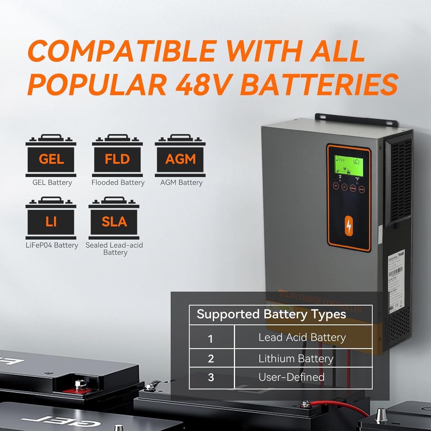 PowMr 140A 48V Solar Charge Controller Max PV Array Power 6500W MPPT Wide Voltage Solar Charge Controller