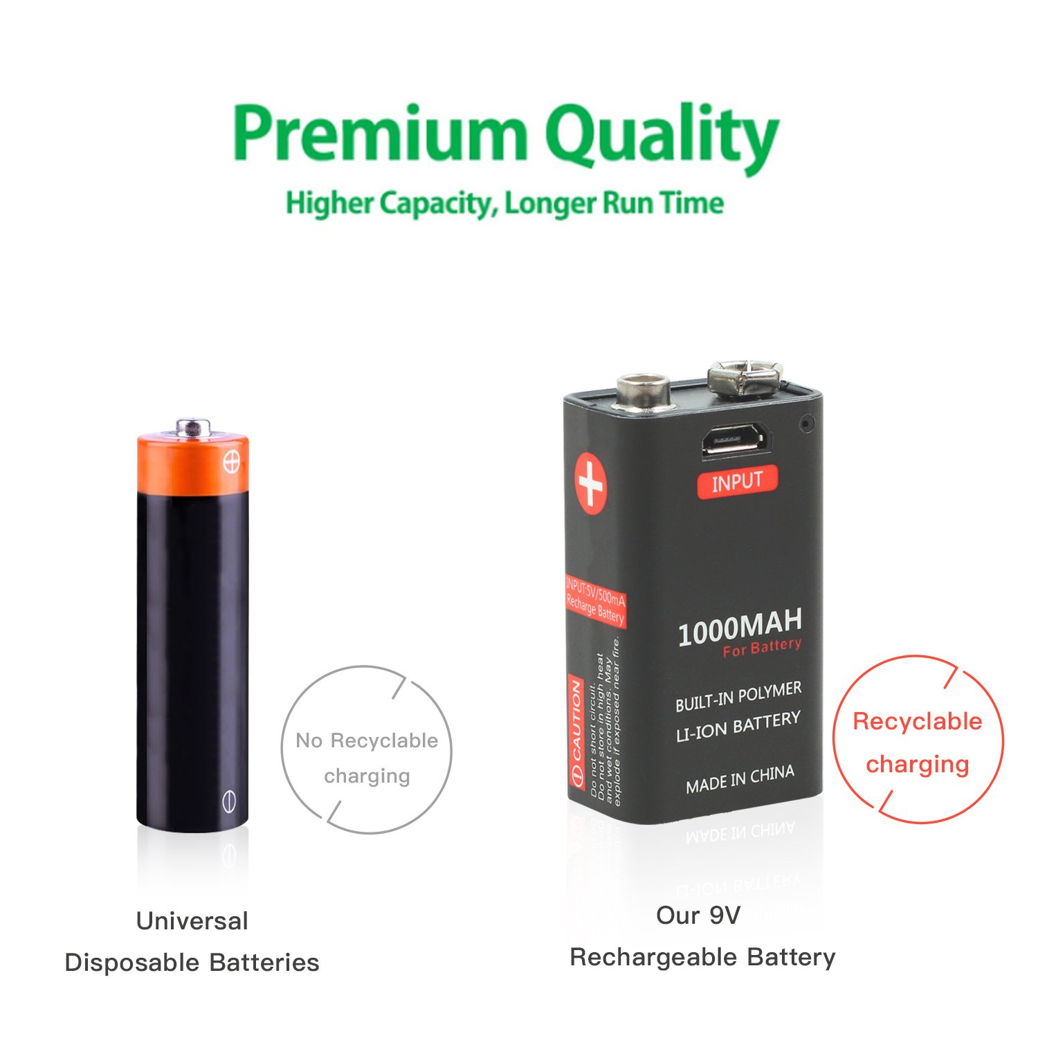 Rechargeable 9V Micro USB Lithium ion battery 1000mah 800mah li-ion battery