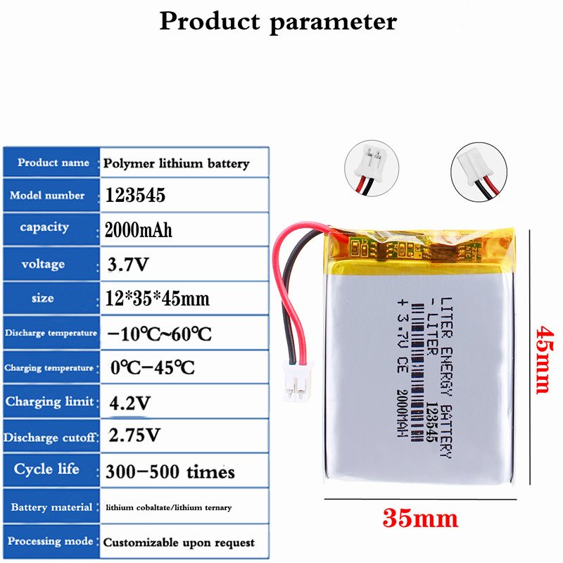 3.7V 2000mAH 123545 Liter energy battery Polymer lithium ion Li-ion battery for POWER BANK GPS with PH 2.0 connector