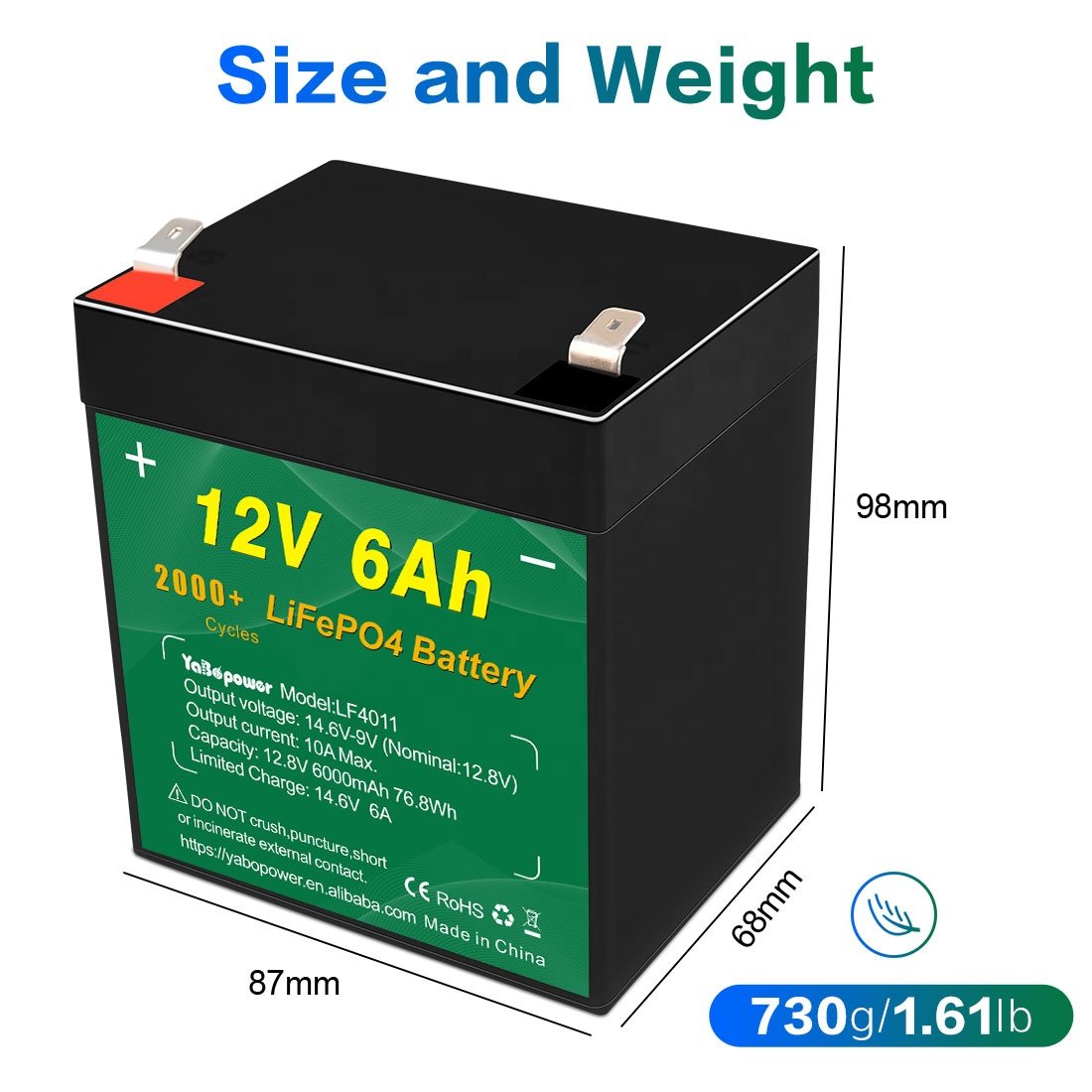 YABO 12.8V 76.8Wh Lithium Iron Phosphate Battery Deep Cycle LiFePO4 12V 6Ah Lithium Ion Battery