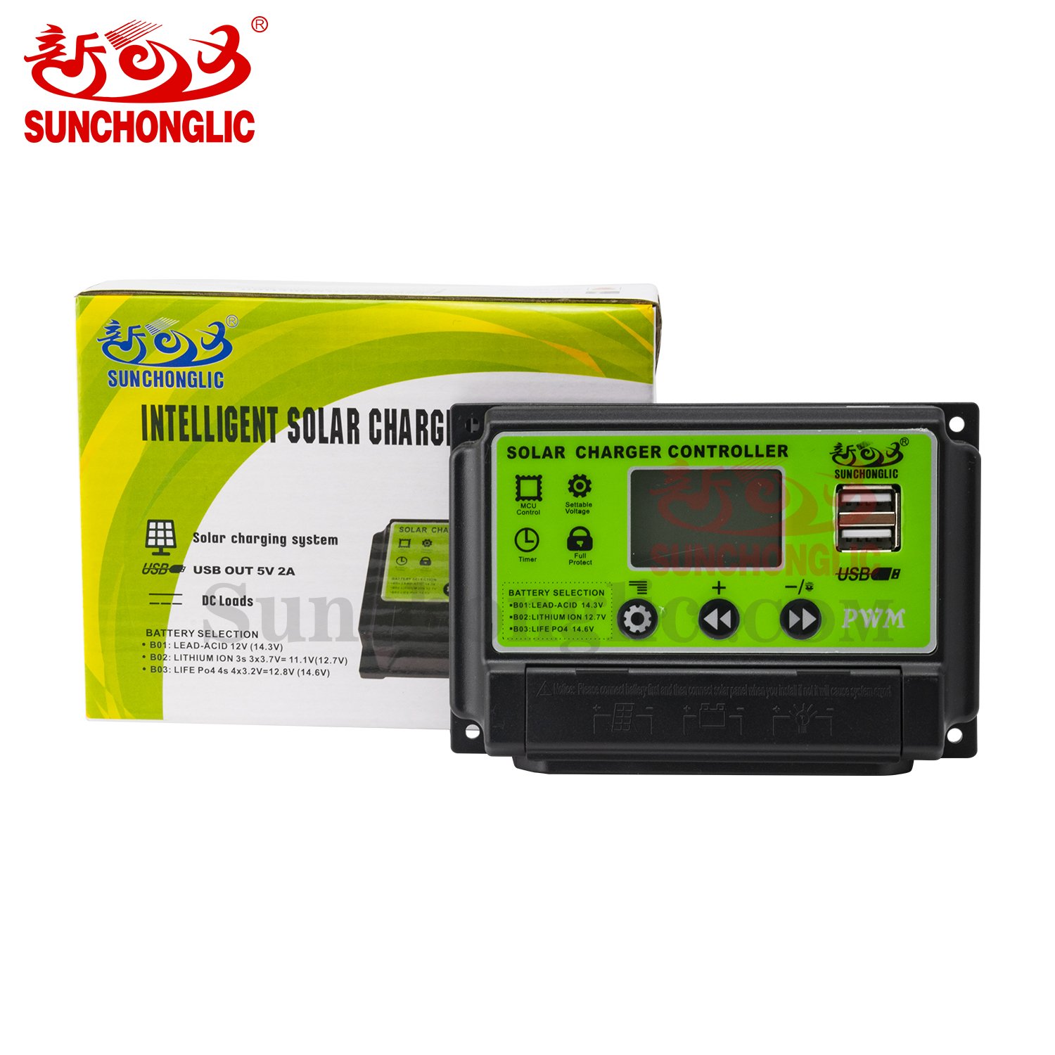 Sunchonglic solar controller 20A 12V 24V 20 amp 2 USB output pwm charger controller