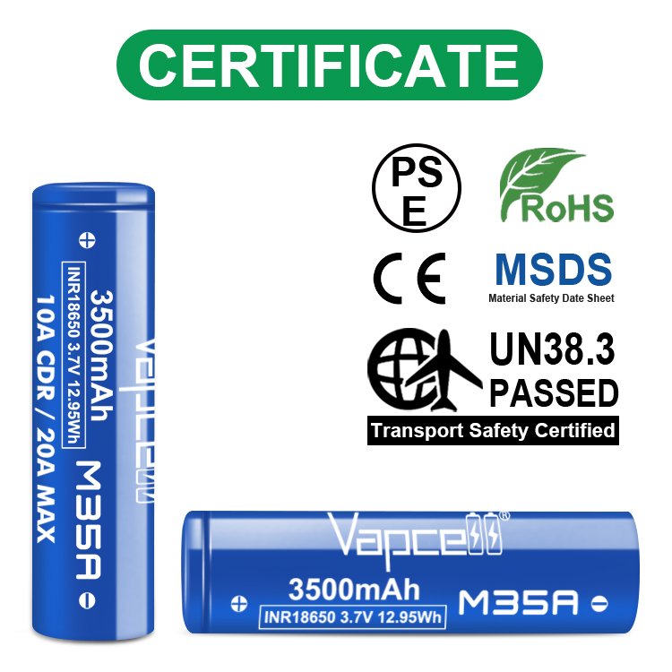 100% original M35A Vapcell 18650 M35A 3500mah 3.6v 10A/20A high capacity discharge for electric scooters