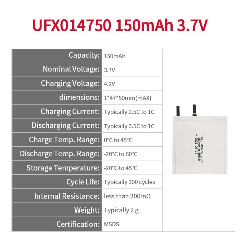 China Super Thin Battery Factory Custom Ultra Thin Lipo Battery UFX 014750 150mAh 3.7V For E-card