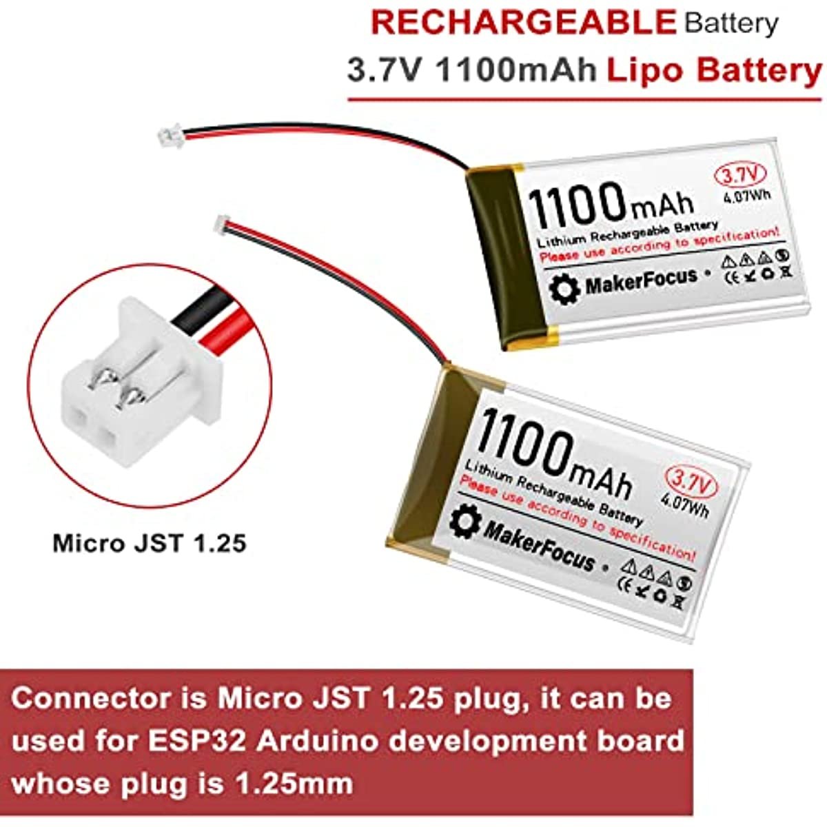 3.7V 1100mAh Rechargeable Lithium Battery 1S 1C Batteries with Protection Board for Arduino Node mcu ESP32 lithium ion battery