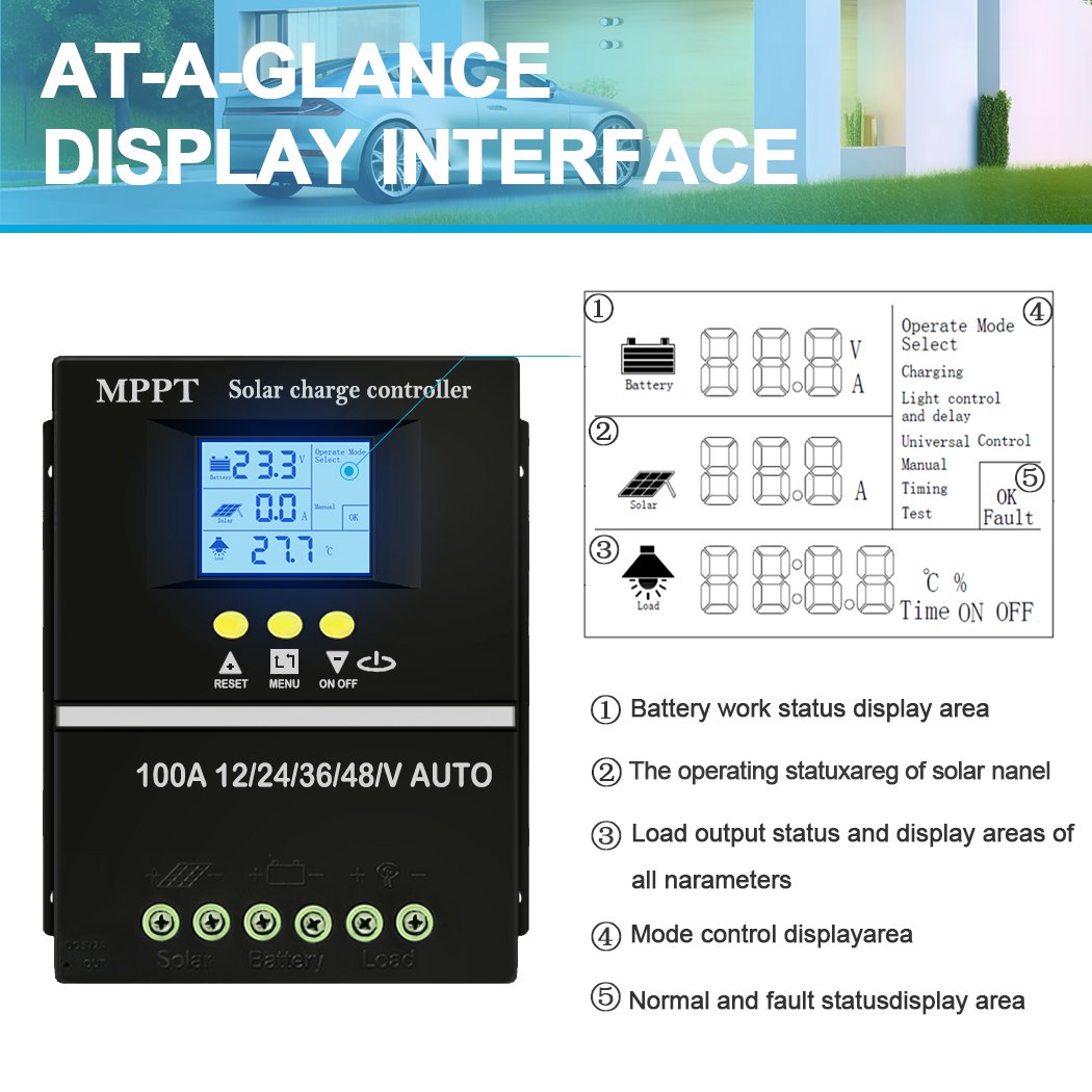 100A MPPT Solar Charge Controller 12V 24V 36V 48V LCD Display PV Panel Battery Intelligent Regulator for Lead-acid/Lithium