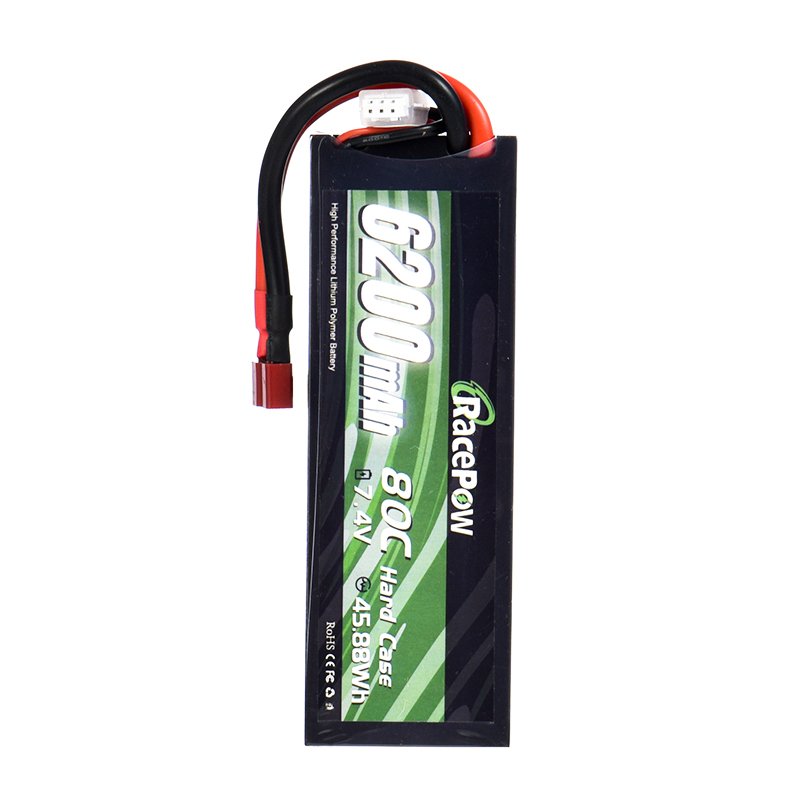 RacePow RC Car Battery Packs. 6200mAh 7.4V 80C Lipo battery With T Deans Plug Hard Case for RC Car Truck Helicopter
