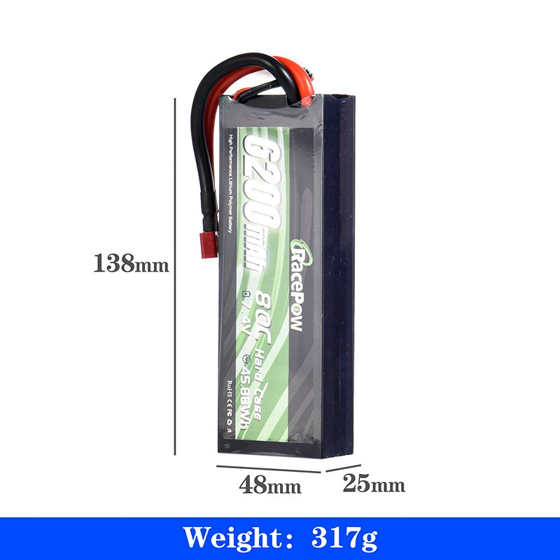 RacePow RC Car Battery Packs. 6200mAh 7.4V 80C Lipo battery With T Deans Plug Hard Case for RC Car Truck Helicopter