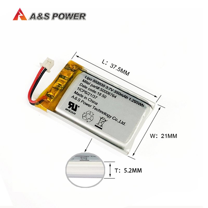 Hot selling! 3.7v li polymer battery 552035 3.7v 350mAh lithium ion batteries with UL/CB/KC for Fever clothing