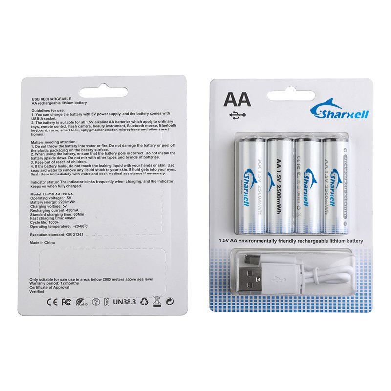 Sharxell 2Pcs Set New Energy Aa Rechargeable Battery 2200mah 1.5v Usb Type-c Lithium Low Self-discharge Rechargeable Battery