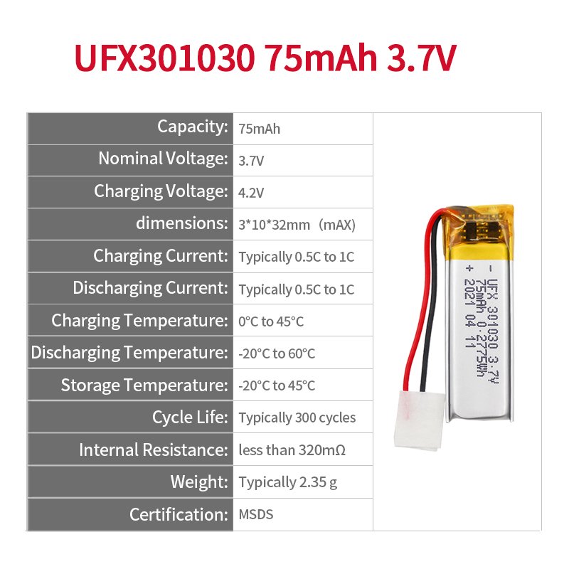 Lithium Ion Rechargeable Cell Factory Wholesale Battery Pack UFX 301030 75mAh 3.7V For Bluetooth Earphone