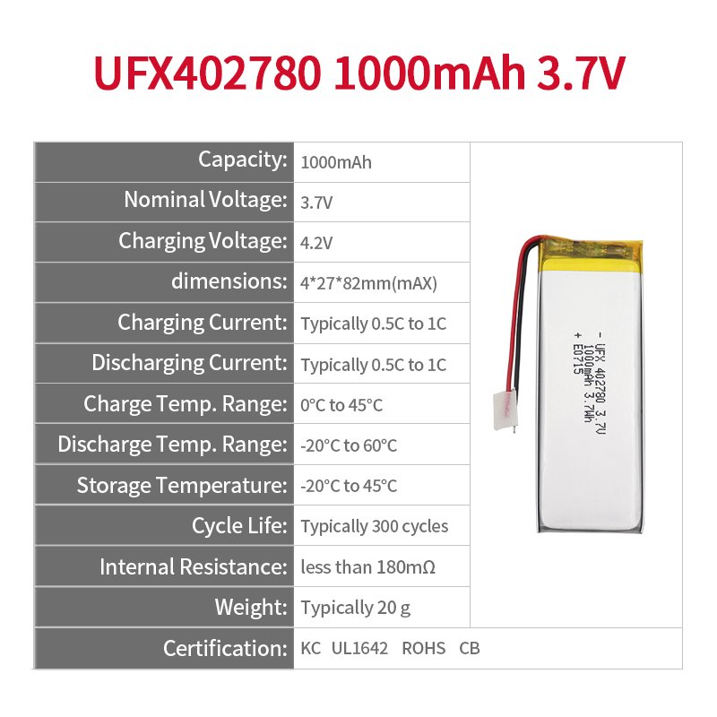 Lithium Ion Cell Manufacturers Supply High Capacity UFX 402780 1000mAh 3.7V Batteries Made In China For Guitar Page Turner