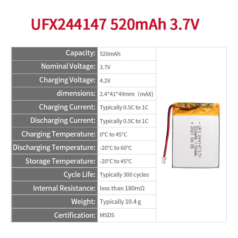China Lithium Ion Battery Factory Custom Mini Rechargeable Lipo Battery UFX 244147 520mAh 3.7V For Smart Watch