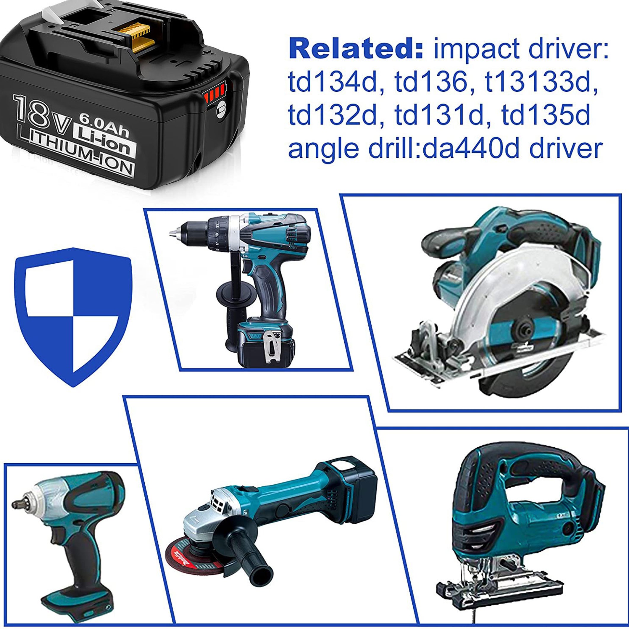 18V 6.0Ah Cordless Drill Lithium Ion Battery Replacement for Makita BL1850 BL1830 BL1860 BL1840 LXT400