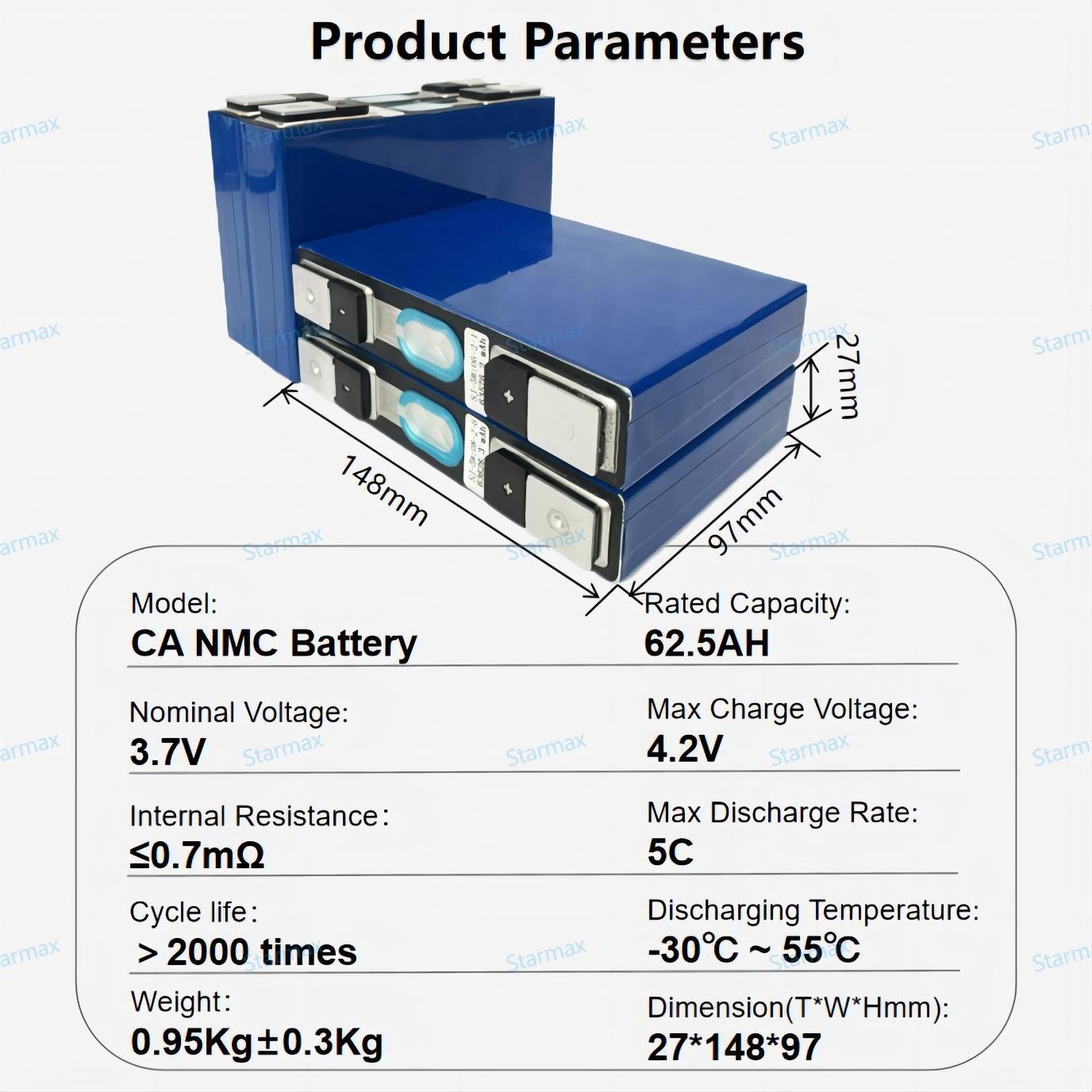 Starmax Catl 3.7V 62.5Ah 51Ah Nmc 811 Lithium Ion Battery Prismatic Cell Ncm 72V 60Ah Electric Motorcycle Tricycles Battery