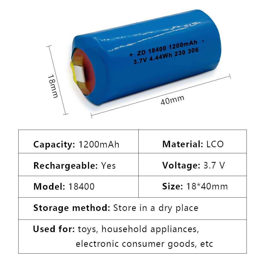 High rate 3A discharge custom cylindrical rechargeable 3.7V 1200mAh 18400 lithium-ion drone battery