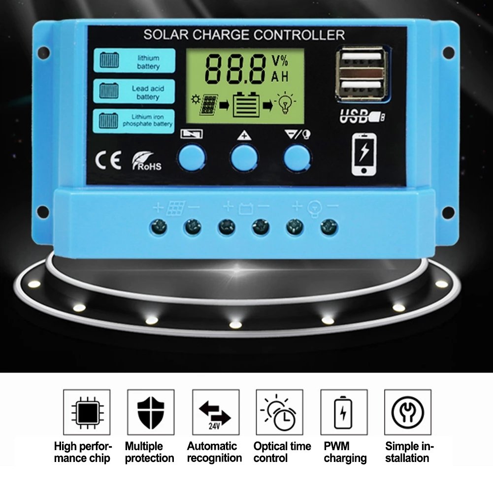 10A 20A 30A Solar Charge Controller 12V 24V Solar Panel PV Controller 50VDC For Lifepo4 Lithium Lead Acid Battery