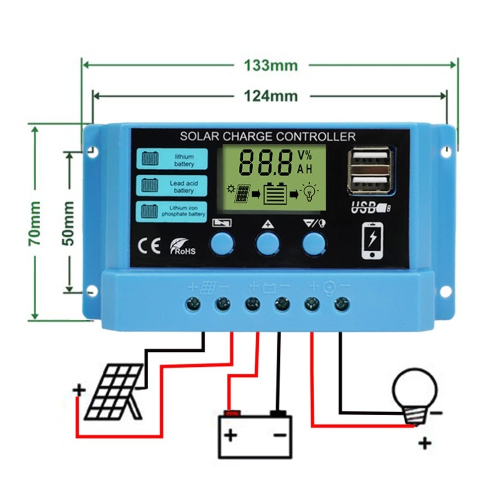 10A 20A 30A Solar Charge Controller 12V 24V Solar Panel PV Controller 50VDC For Lifepo4 Lithium Lead Acid Battery